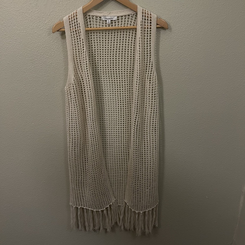 Francesca's Open Knit Long Cardigan Beige Neutral Fringe Festival Boho Size S